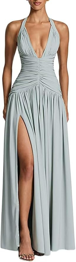 Women's Solid Color Elegant High Slit Maxi Dress Deep V Neck Sleeveless Pleated Slim Fit Halter C... | Amazon (US)