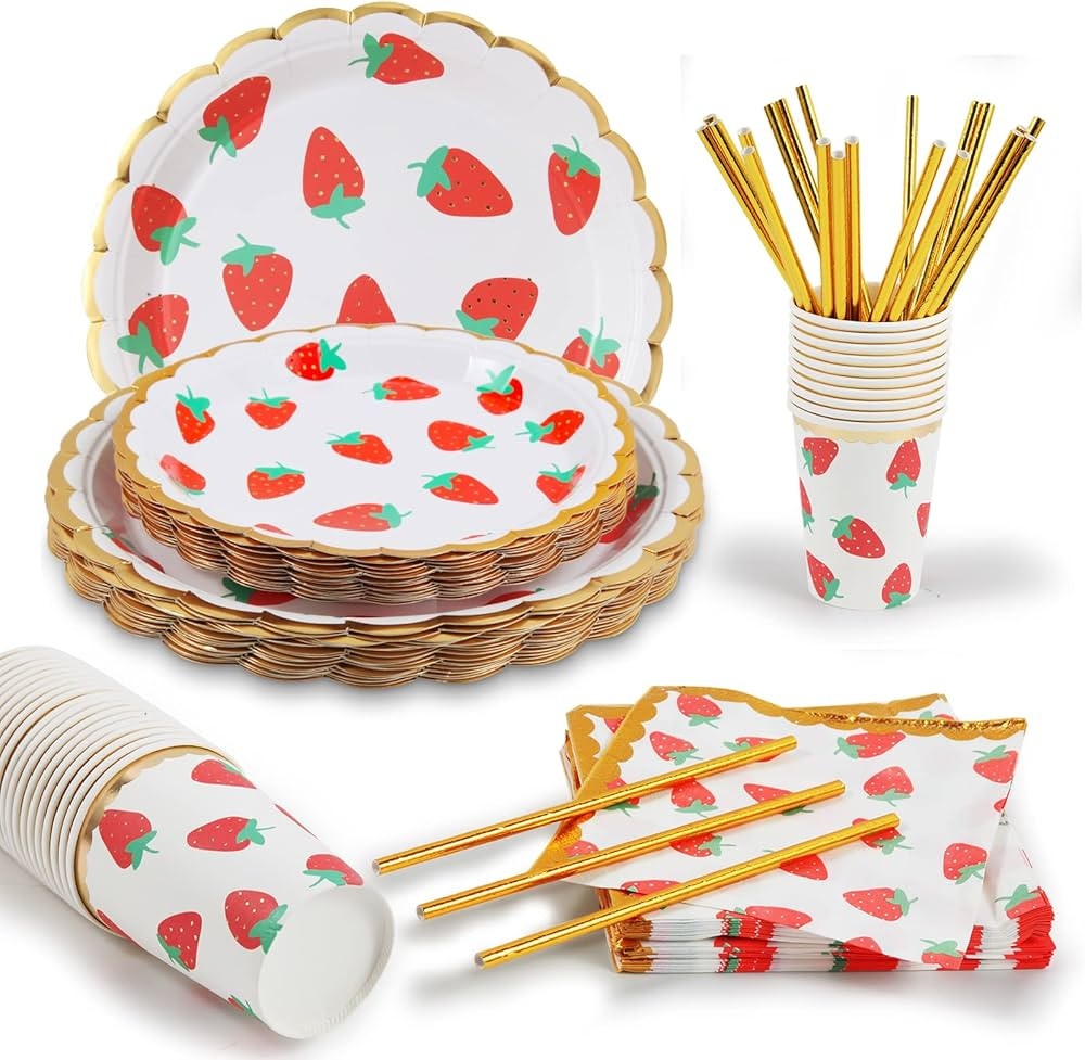 PULNDA Strawberry Disposable Tableware Set, 120 Pieces, Plastic and Paper | Amazon (US)