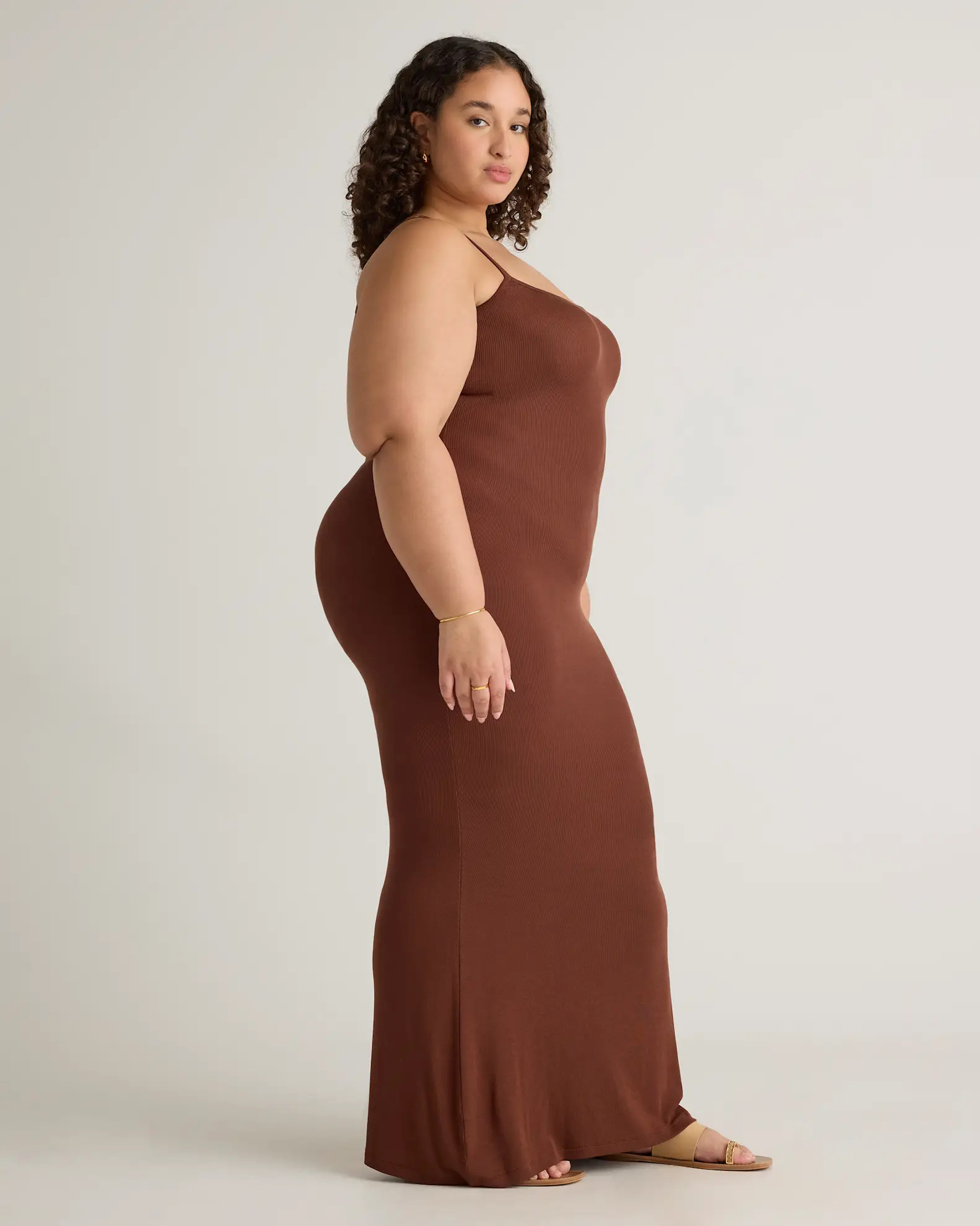 Tencel Rib Knit Maxi Slip Dress - Plus Size in Brown | Quince
