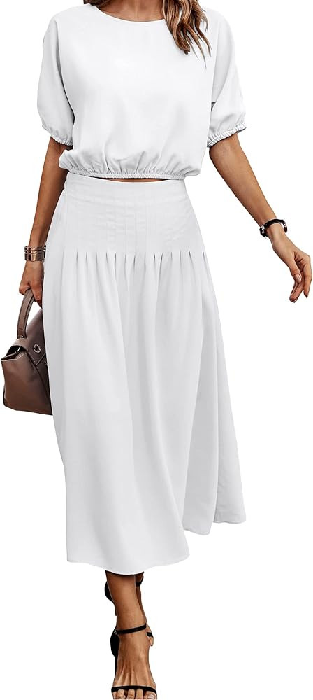 KIRUNDO 2023 Women's Two Piece Outfits Summer Dress Solid Casual Loose Puff Sleeve Crop Top and P... | Amazon (US)