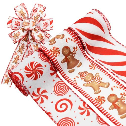 CRAFLOX Christmas Gingerbread Wired Ribbon for Wreath Bows, 3 Rolls, 2.5″ Wide, 15 Yards Total, Red Gingerbread Candy Wired Ribbon for Crafts Supplies, DIY Bows | Amazon (US)
