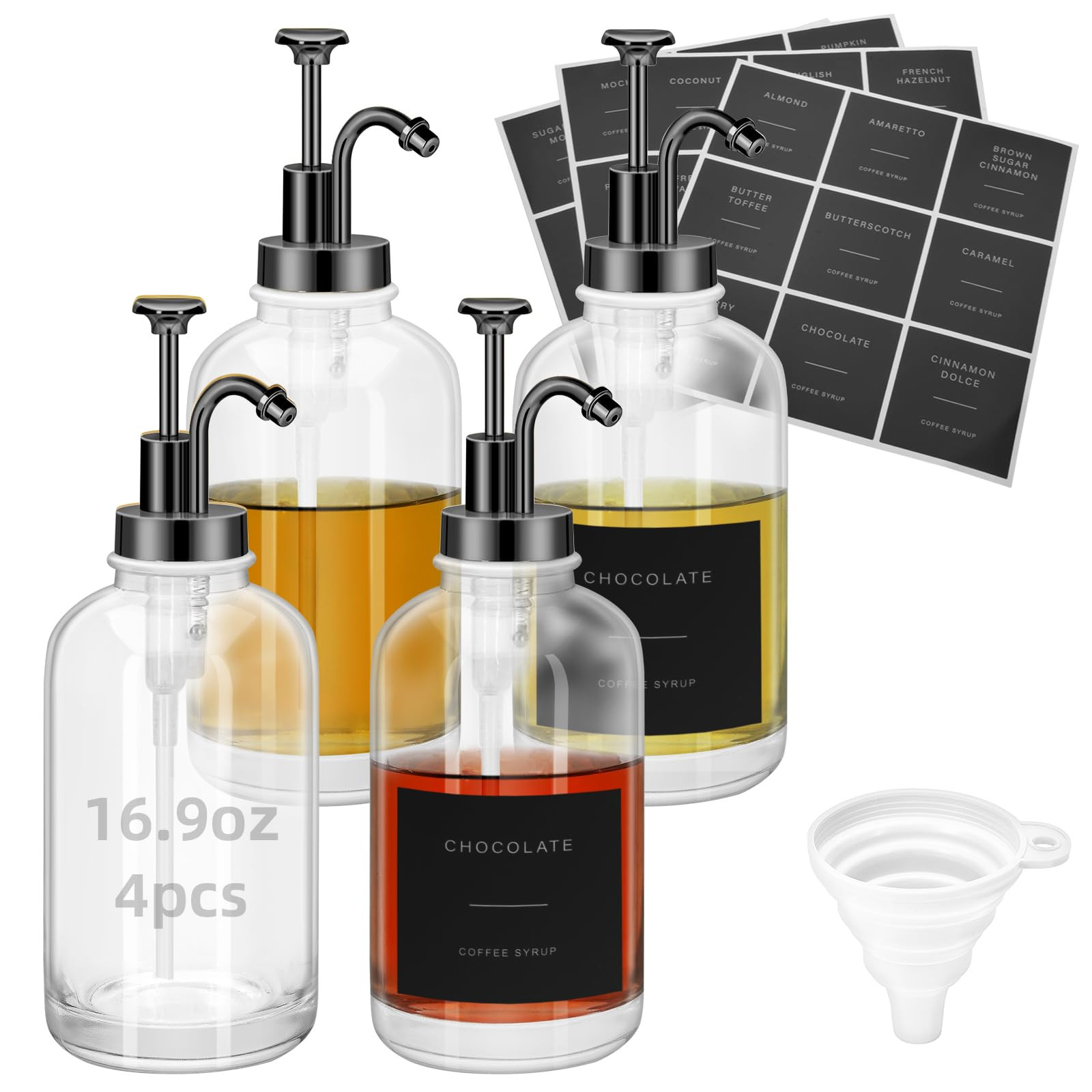 4pcs 16.9oz (500 ml) Coffee Syrup Dispenser Set - 4 Glass Bottles with Gold Black Pumper and Syru... | Amazon (US)