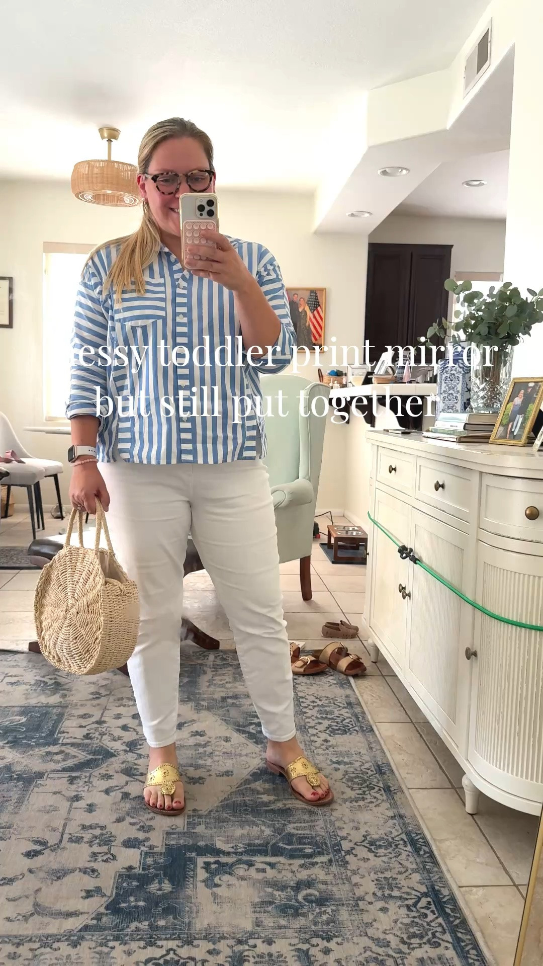 Truly all my favorites in one outfit. An old @Vineyard Vines stripe button down that is well-loved, my go-to @Talbots white jeans forever, an Amazon rattan handbag, and my trusty @Jack Rogers

#LTKootd #LTKmomlife #LTKMidsize