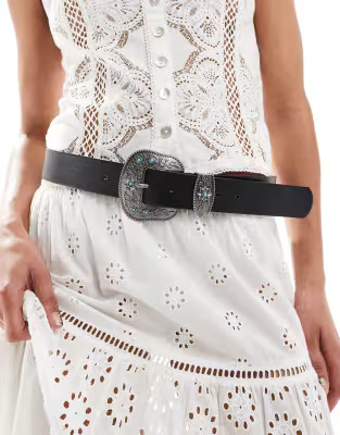 Pieces western detail buckle belt in black | ASOS (Global)