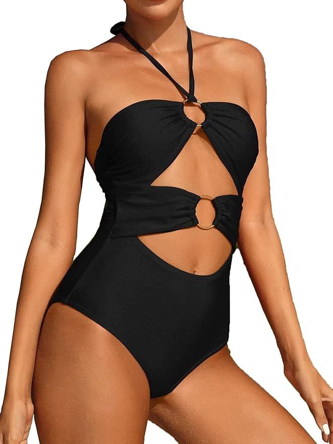 FlatterMe Ring Linked Cut Out Tie Back One Piece Swimsuit | Amazon (US)