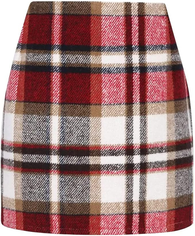 Kinghua Womens Wool Plaid Mini Skirt Fall Winter High Waisted Bodycon Pencil Skirt | Amazon (US)
