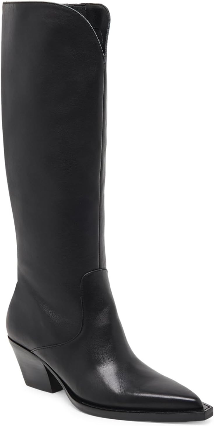 Coutgo Womens Wide Calf Cowboy Boots Suede Knee High Chunky Heel Pointed Toe Western Cowgirl Boots | Amazon (US)