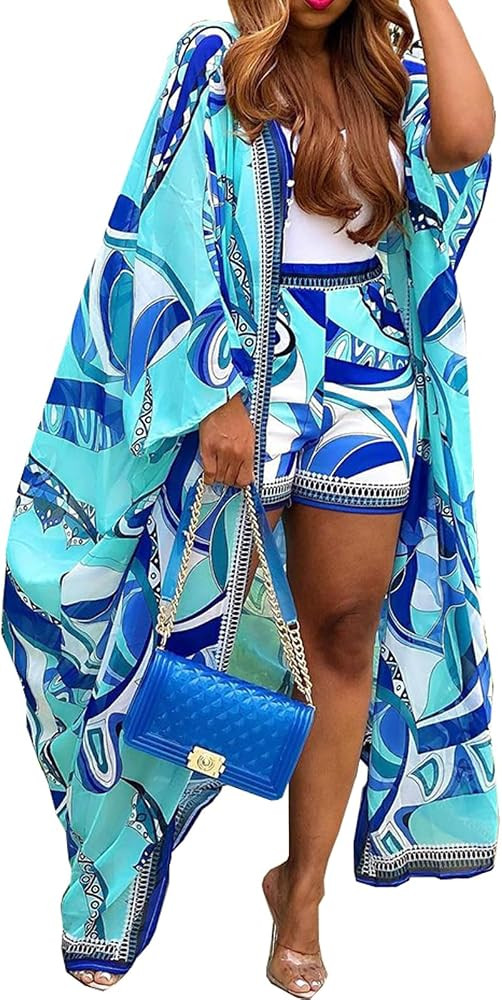 2 Piece Summer Vacation Outfits for Women Beach Cover Up 2023 Boho Tropical Chiffon Kimono Cardig... | Amazon (US)