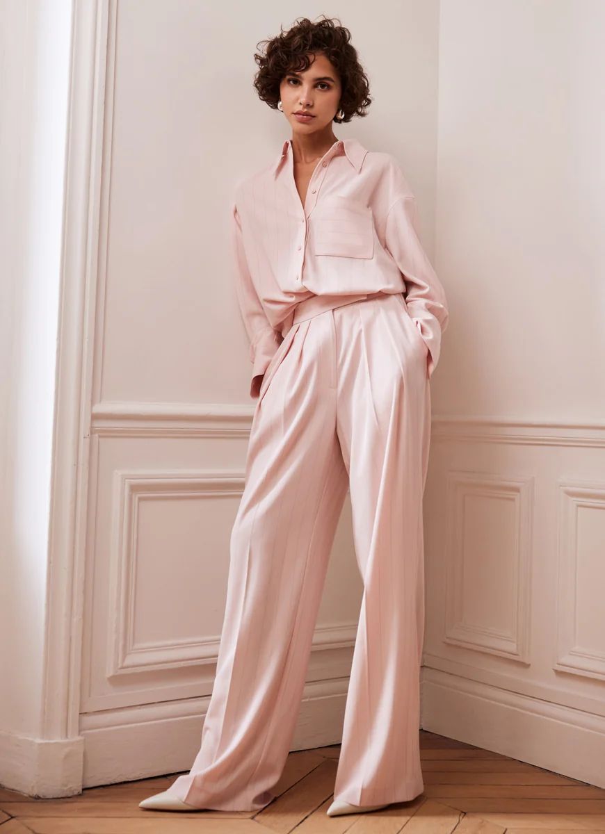 Pink Pinstripe Wide Trousers | Mint Velvet