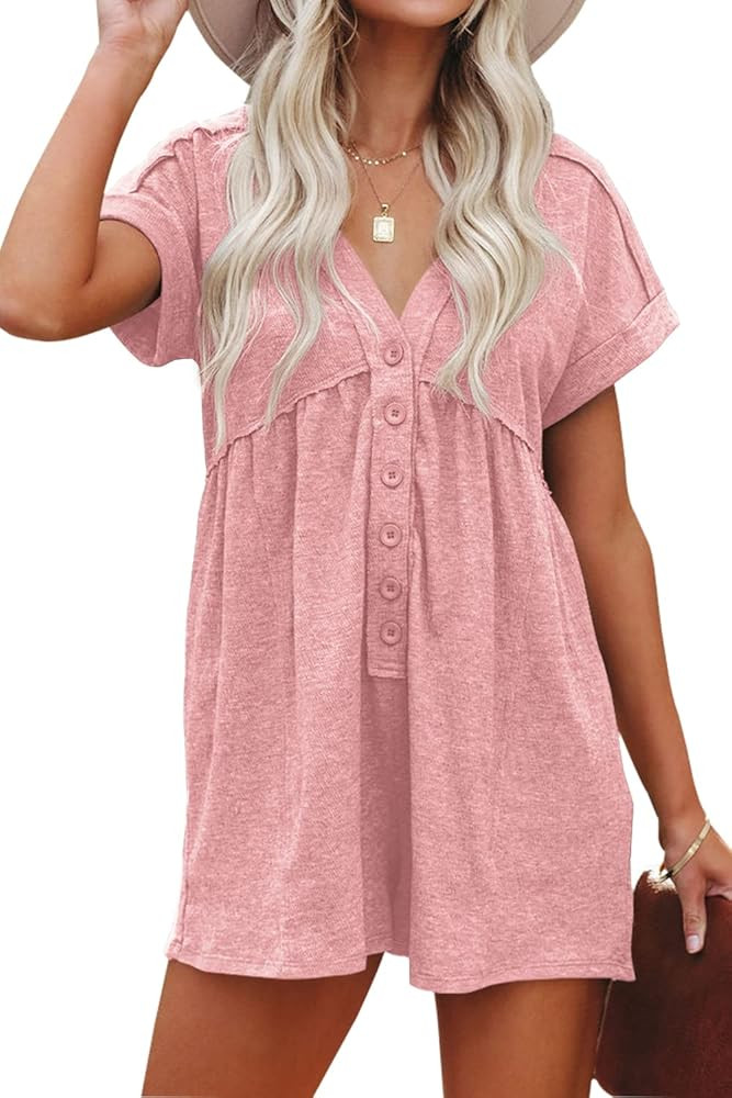 ReachMe Womens Short Sleeve Summer Rompers Casual Loose Fit V Neck Jumpsuits Sexy Belted Short Ro... | Amazon (US)