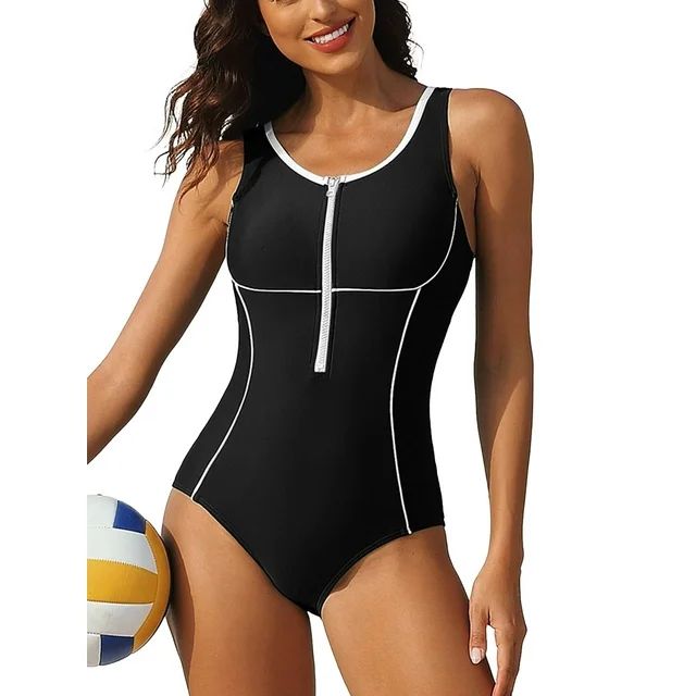 Charmo Womens Zipper One Piece Sport Swimwear Color Blocked Surfing Bathing Suit | Walmart (US)