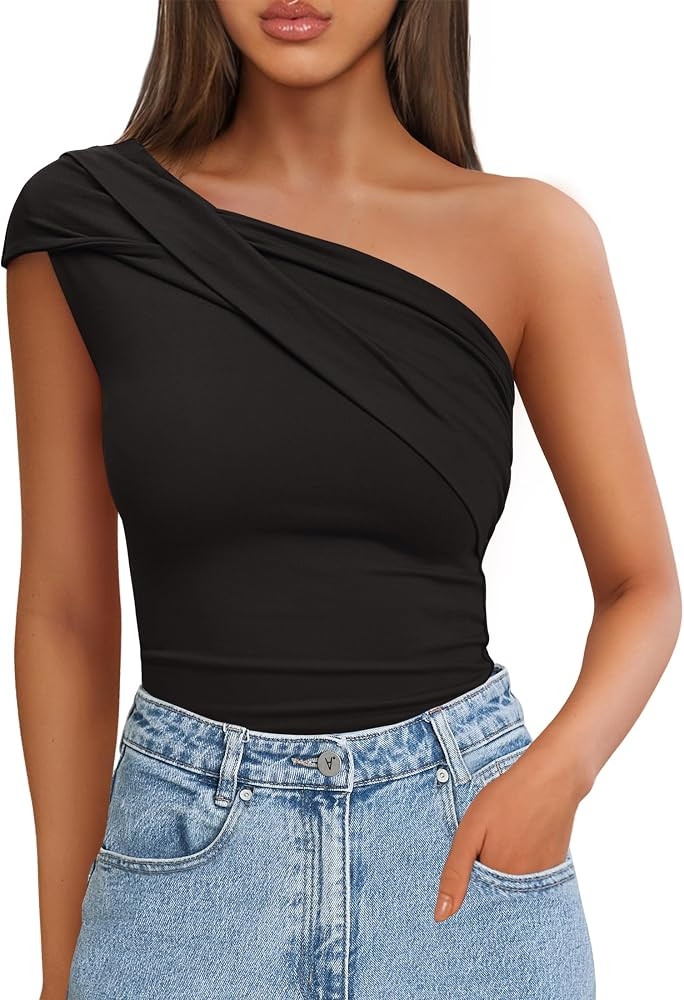 ZESICA Women's One Shoulder Tank Tops 2025 Summer Sleeveless Going Out T Shirts Knit Slim Fit Fas... | Amazon (US)