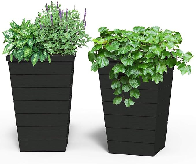Keter Set of 2 Resin Modern Outdoor, Tall and Large Flower Drainage and Tapered Wood Look-Perfect... | Amazon (US)