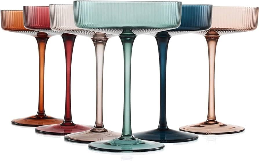 Vintage Art Deco Coupe Glasses Ribbed Coupe Cocktail Glasses 7 oz | Set of 6 | Muted Pastel Color... | Amazon (US)