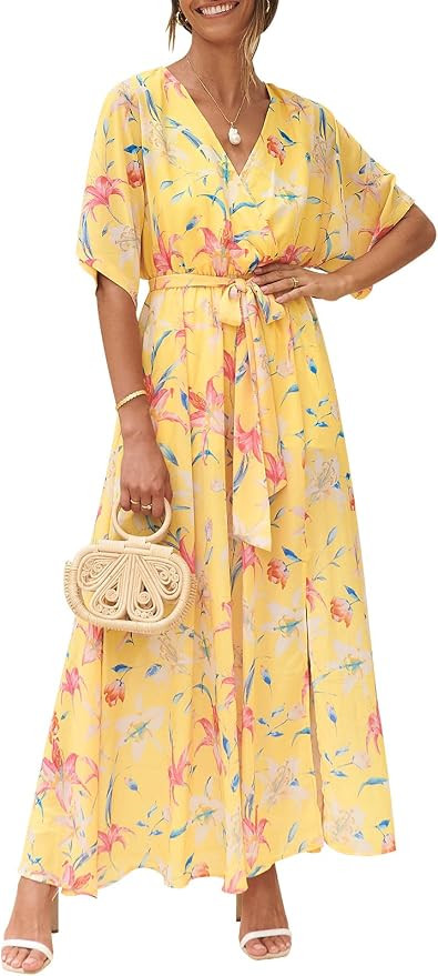 ANRABESS Women’s Summer Loose Kimono Maxi Dress Wrap V Neck 3/4 Sleeve Floral Print Slit Long D... | Amazon (US)