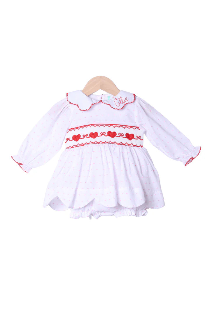 Smocked Sweetheart Bow Pink Swiss Dot Skirted Bubble | The Smocked Flamingo