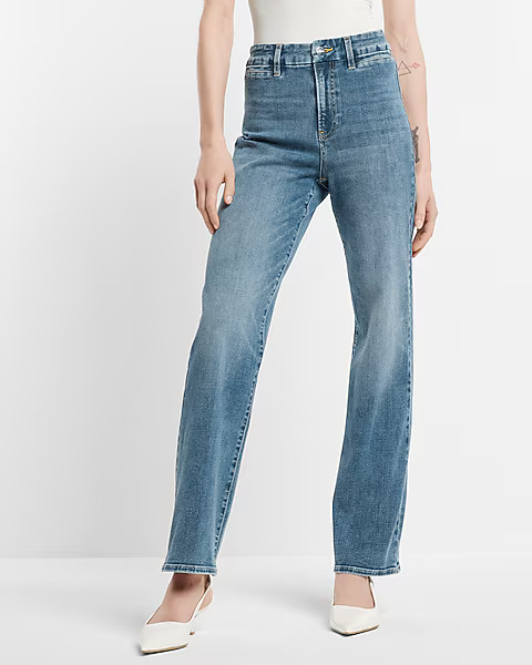 High Waisted Medium Wash FlexX Modern Straight Jeans | Express