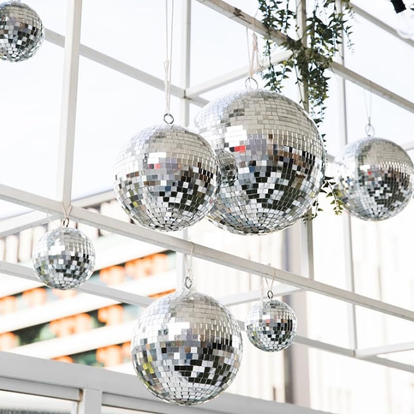 Mirror Disco Ball, 6 inch Mirror Ball Silver Disco Party Stage Lightning Balls with Hanging Rings fo | Amazon (US)