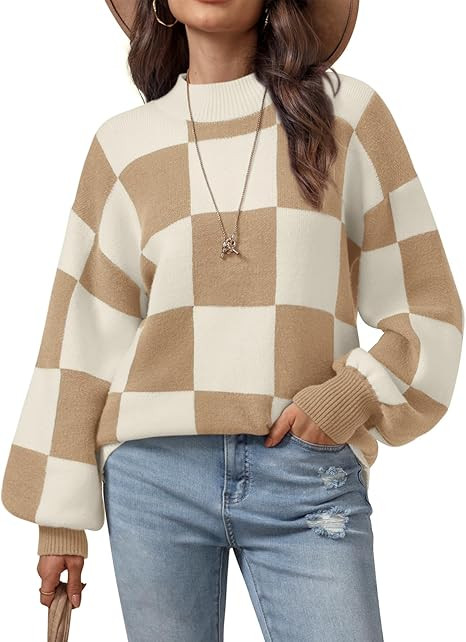 ATHMILE Womens Fall Fashion Mock Neck Sweater Long Sleeve Plaid Ribbed Knit Loose Pullover Tops T... | Amazon (US)