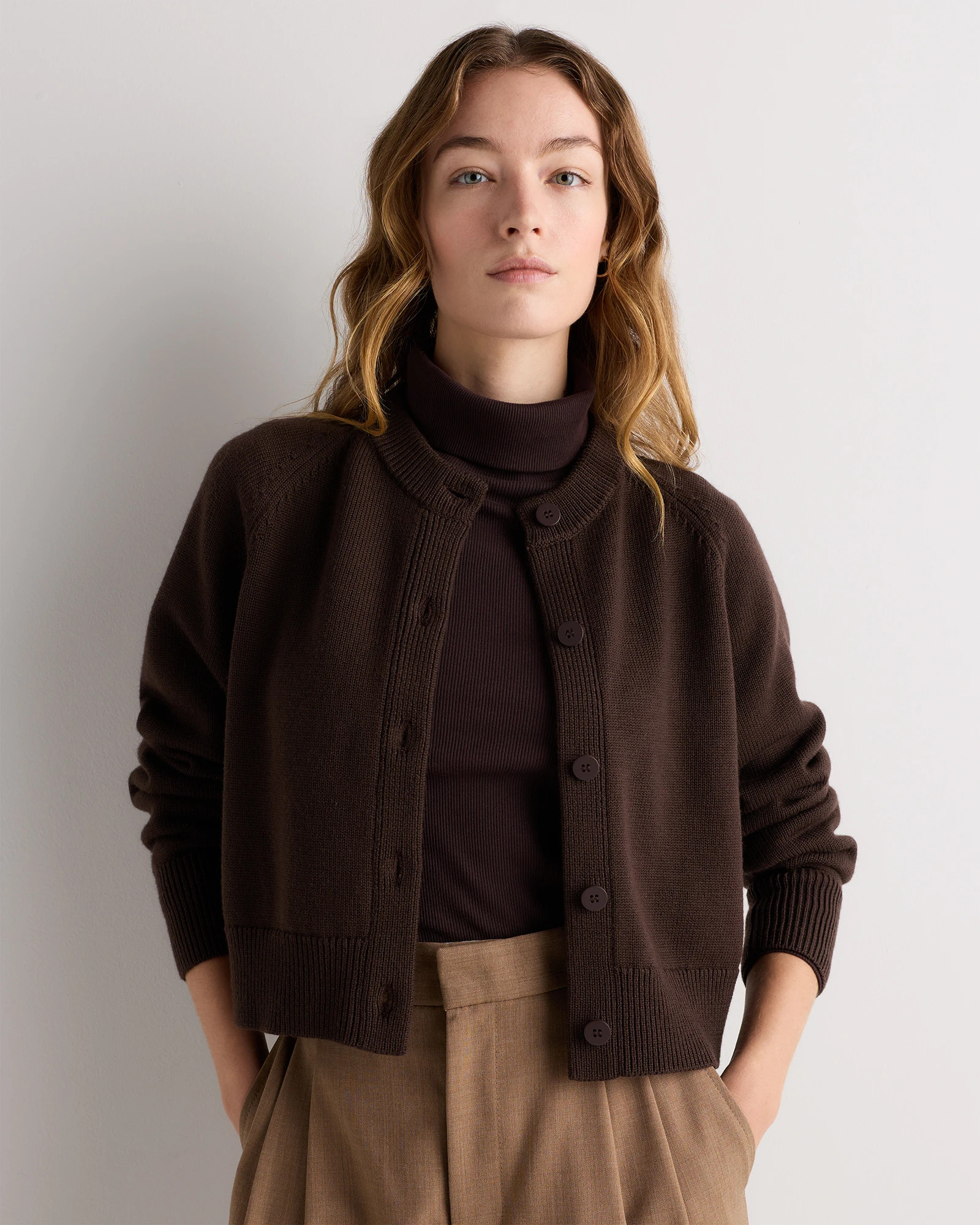 Quince | Women's Australian Merino Wool Raglan Crewneck Cardigan Sweater in Heather Grey, Size Medium | Quince