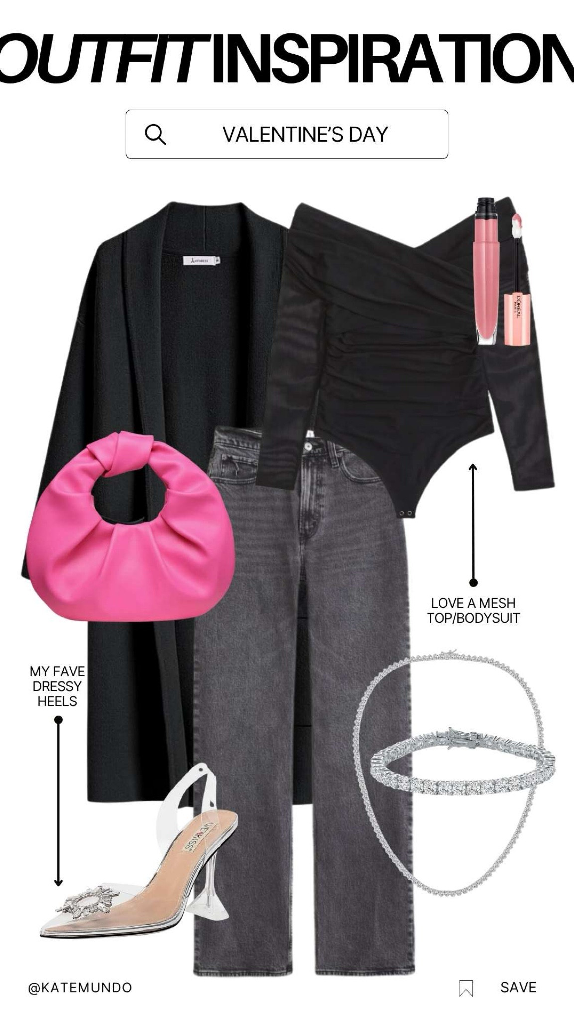 Valentine’s Day outfit inspiration. Date night. Galentines. Black mesh bodysuit. Heels. Black jeans. Sparkly necklace. Pink bag. Going out. Dressy outfit. Style inspiration  

#LTKparties #LTKstyletip