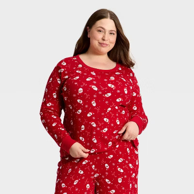 Women's Santa Print Ribbed Long Sleeve Holiday Matching Family Pajama Shirt - Wondershop™ Red | Target