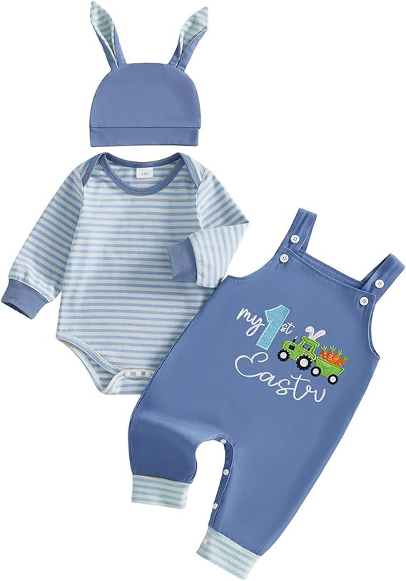 BeQeuewll My First Easter Baby Boy Outfit Infant Stripe Romper Bunny Letter Embroidery Overalls P... | Amazon (US)