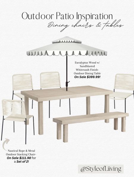 Outdoor patio dining furniture! Dining table, chairs, benches from World Market on sale. Scalloped patio umbrella from Wayfair. #diningfurniture #outdoor #patio #outdoordining

#LTKSeasonal #LTKSaleAlert #LTKHome