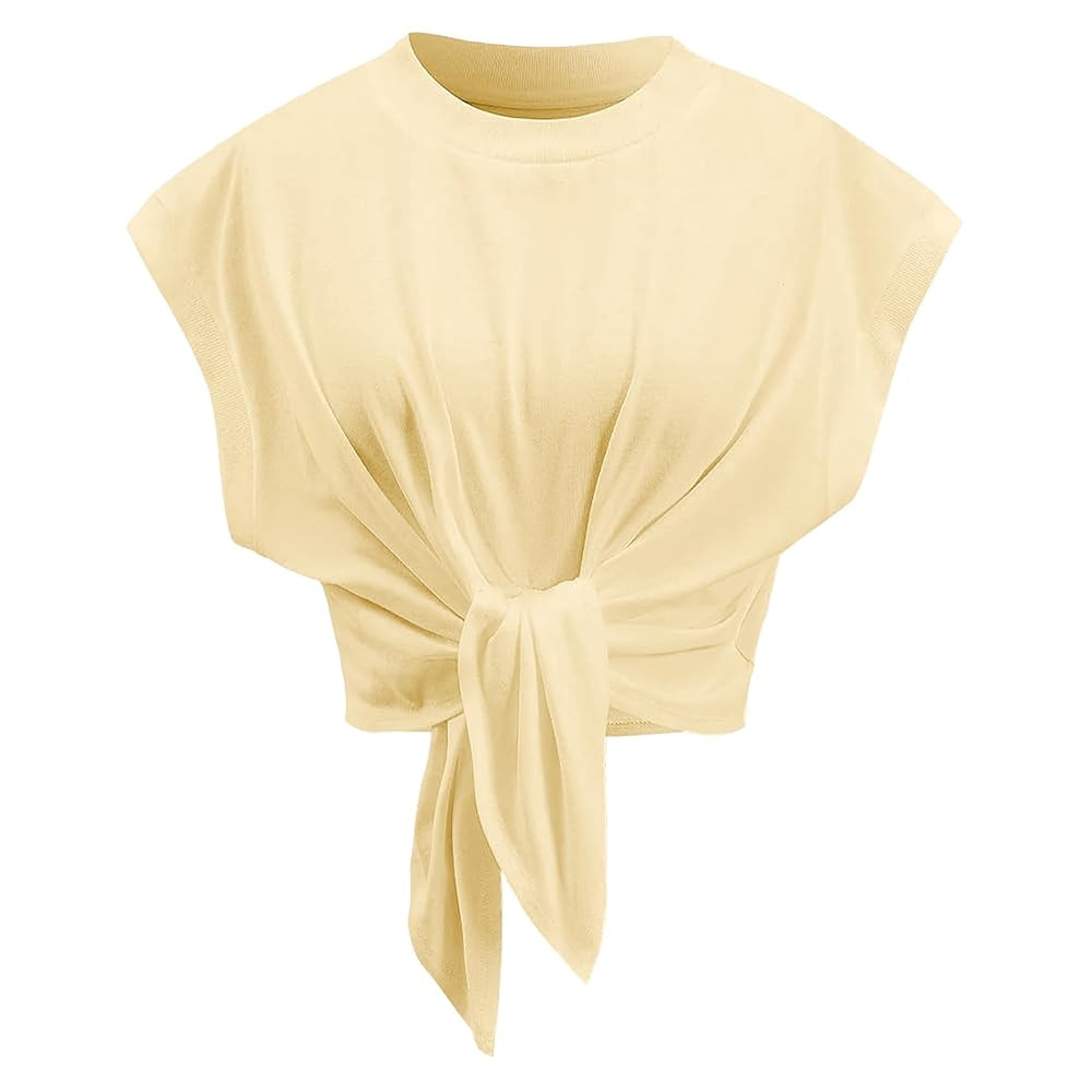 Tank Top for Women Crew Neck Cap Sleeve Tie Front Pullover Ruched T-Shirt Tops Summer Beach Crop ... | Amazon (US)