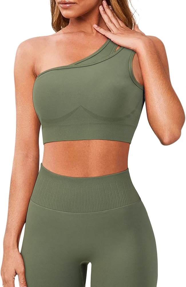 OMKAGI Workout Set for Women 2 Piece Seamless One Shoulder Sports Bra Scrunch Butt Lifting leggin... | Amazon (US)