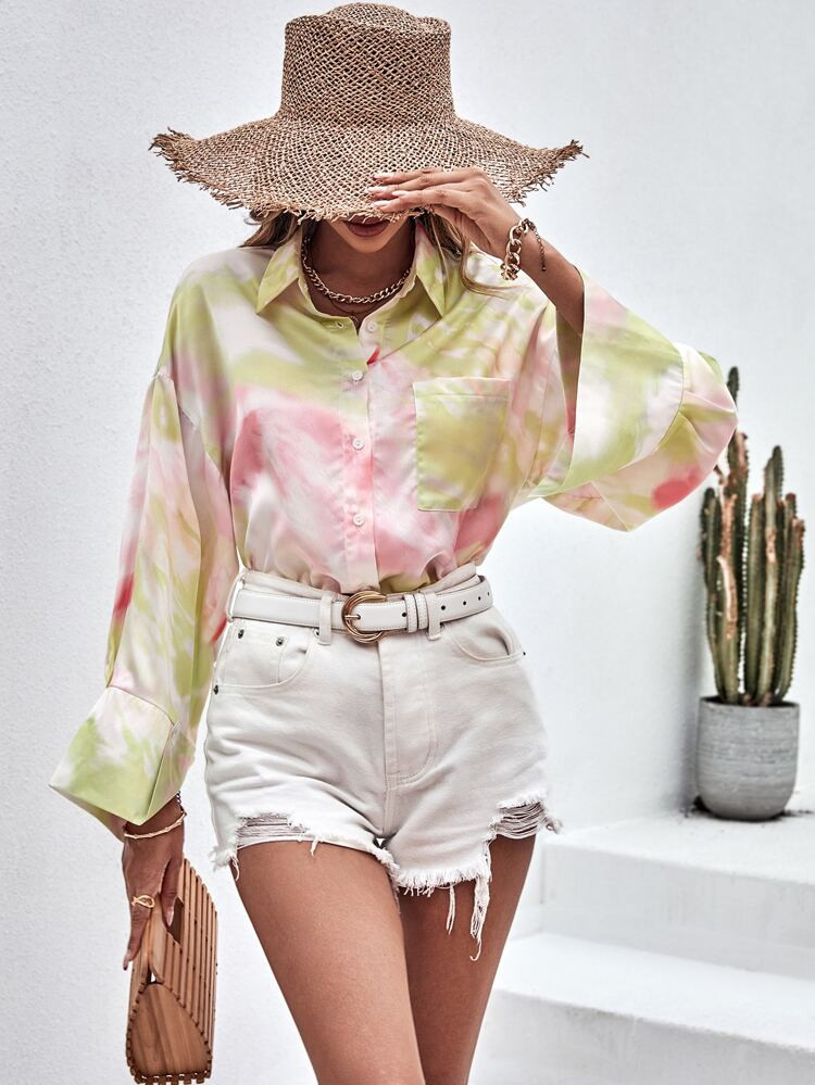 Bluse mit Batik, Drop Shoulder Tasche Flicken | SHEIN