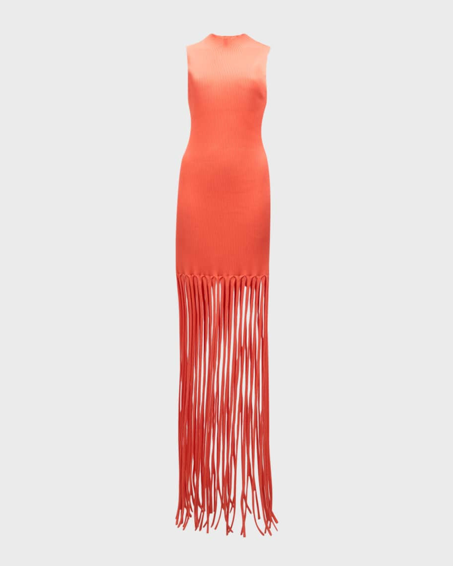 LAPOINTE Sleeveless Crepe Matte Ribbed Fringe Maxi Dress | Neiman Marcus