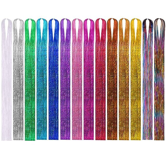 Hair Tinsel Strands, 14 Colors Sparkling Shiny Hair Tinsel Extensions Party Highlights Glitter Ex... | Amazon (US)