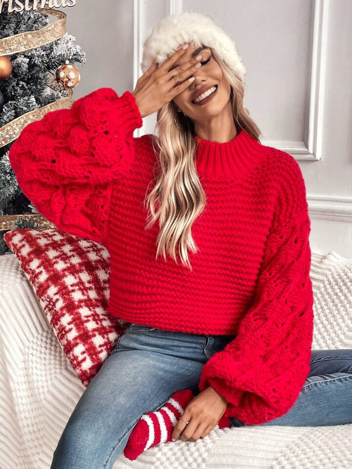 SHEIN LUNE Mock Neck Drop Shoulder Lantern Sleeve Sweater | SHEIN