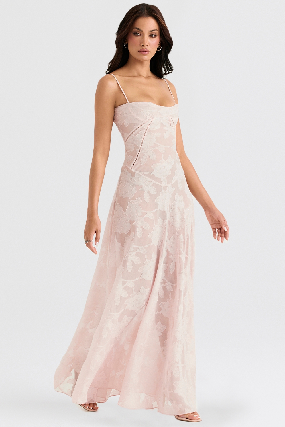 soft pink floral lace back maxi dress | House of CB
