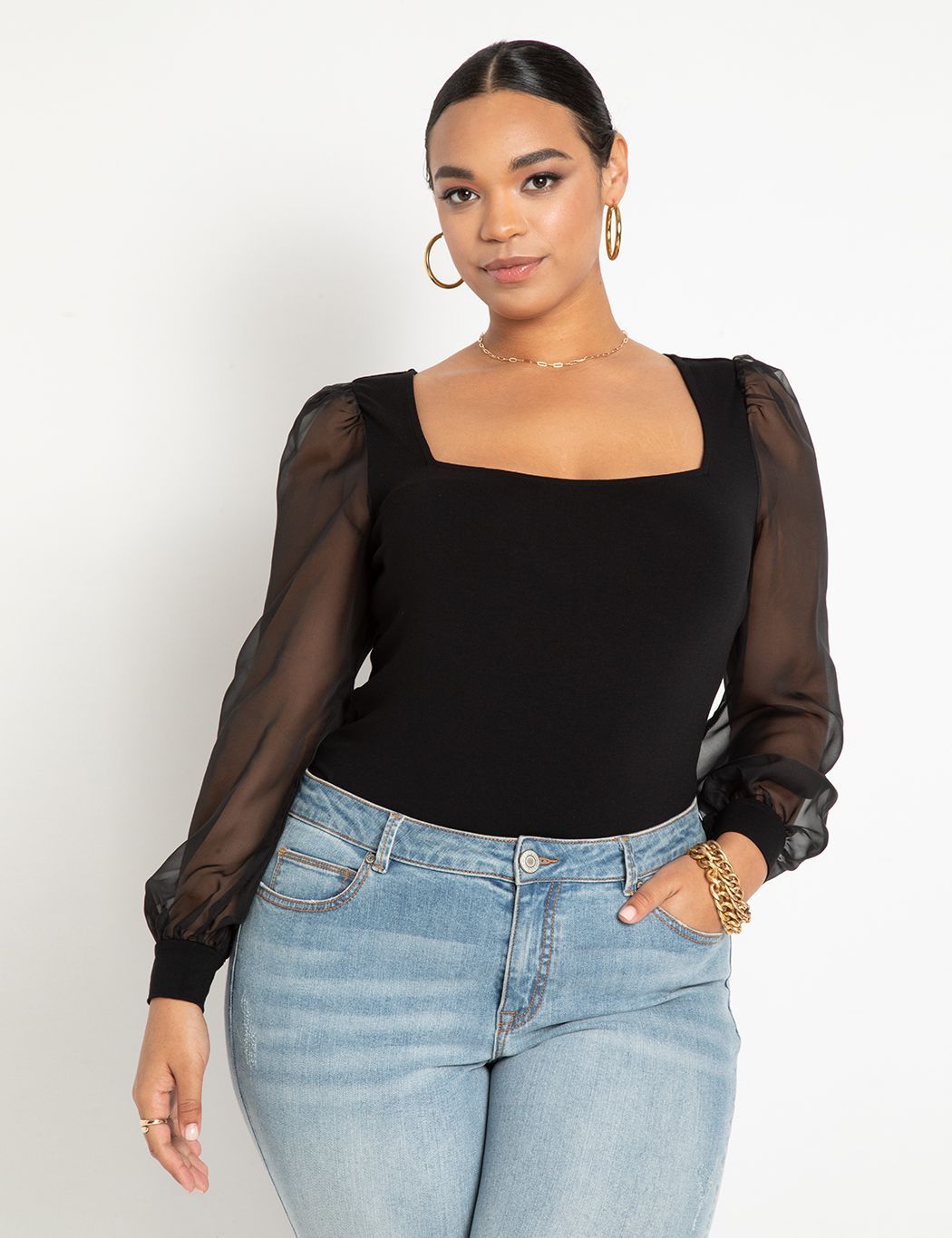 Square Neck Sheer Sleeve Top | Women's Plus Size Tops | ELOQUII | Eloquii