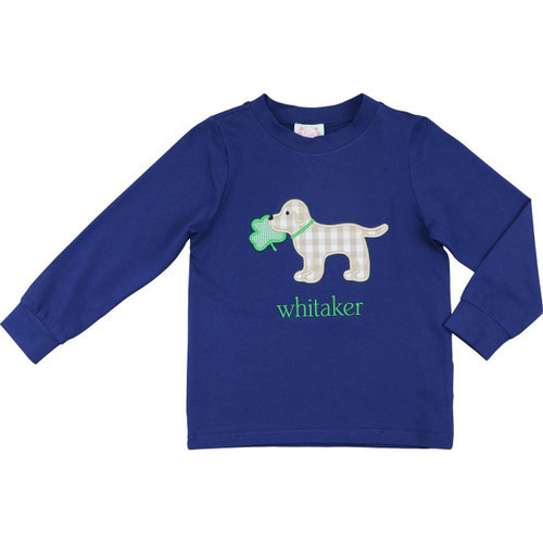 Navy Knit Applique Puppy And Shamrock Shirt | Cecil and Lou