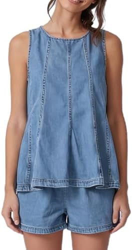 Women's Casual Denim Sleeveless Flared Tank Top and High Waisted Shorts Two Piece Outfit Set | Amazon (US)