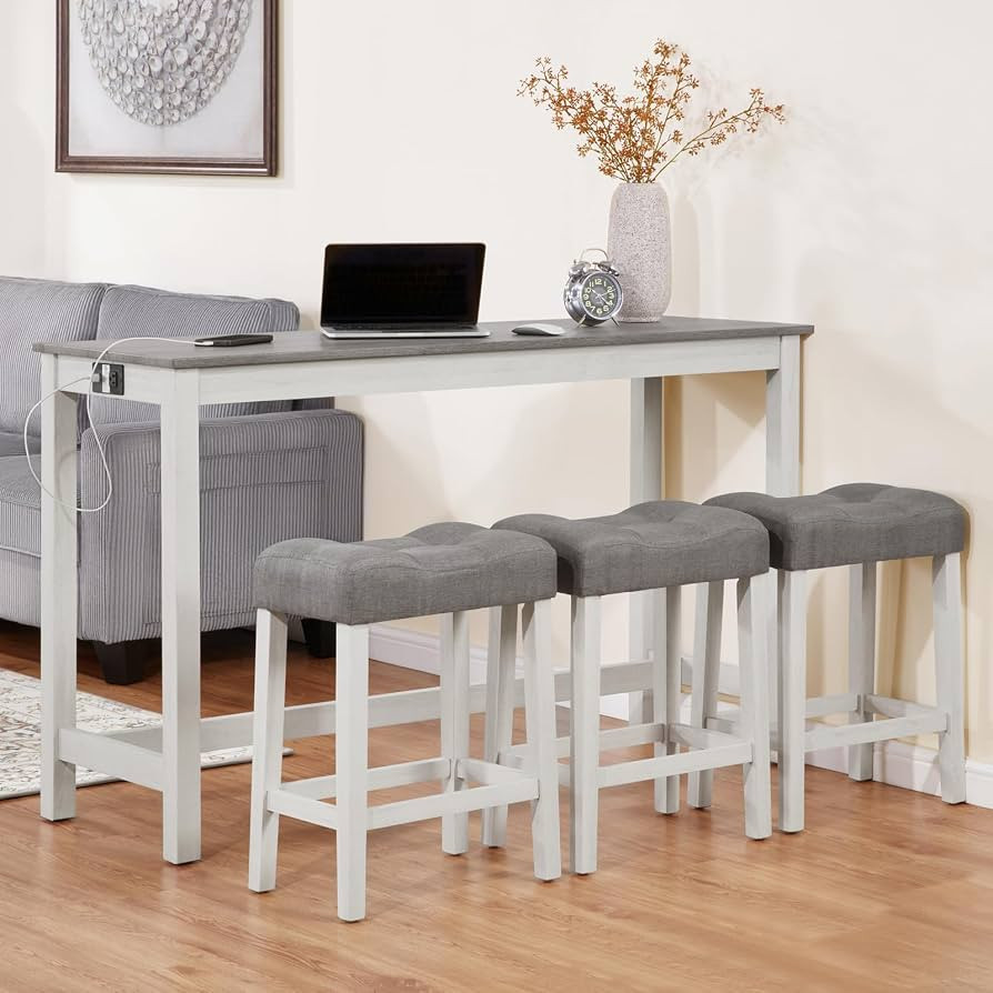 59" Dining Bar Table Set with Power Outlet, Behind Couch Sofa Table with 3 Padded Stools, 4 Piece... | Amazon (US)