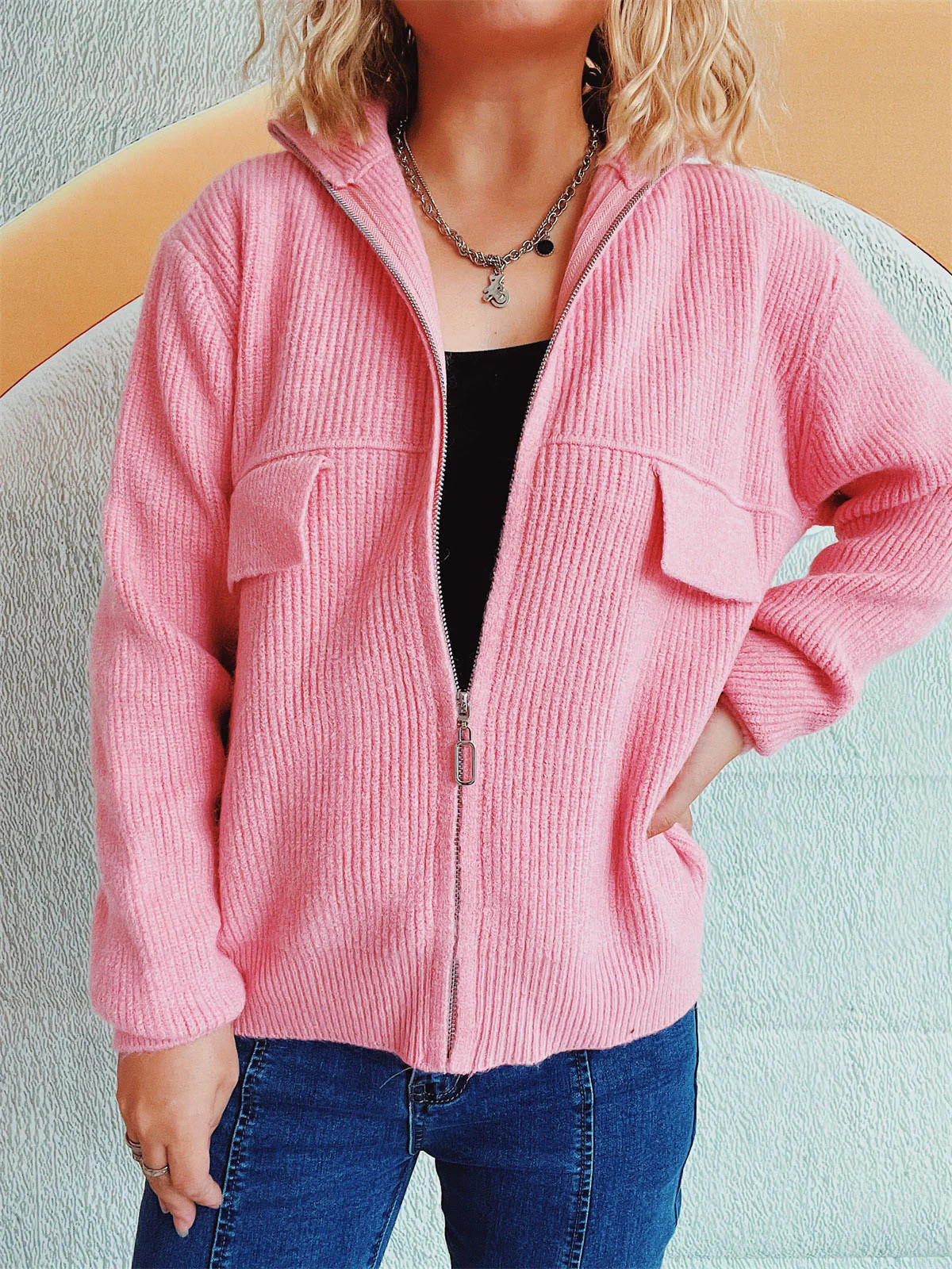 Zip Up Collared Neck Long Sleeve Cardigan Pink | Casual Chic Boutique