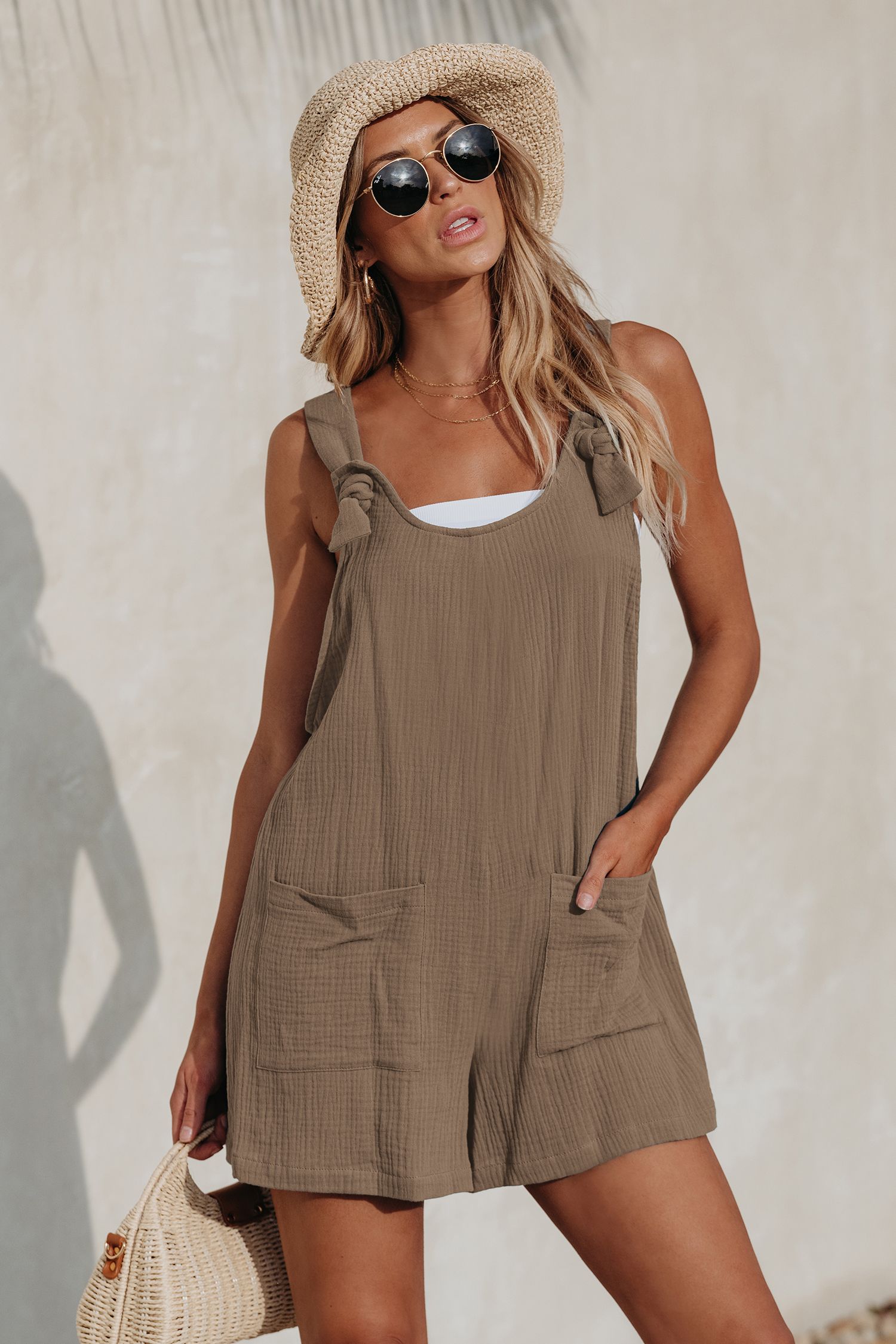 Sand Sleeveless Patch Pocket Pinafore Romper | Cupshe US