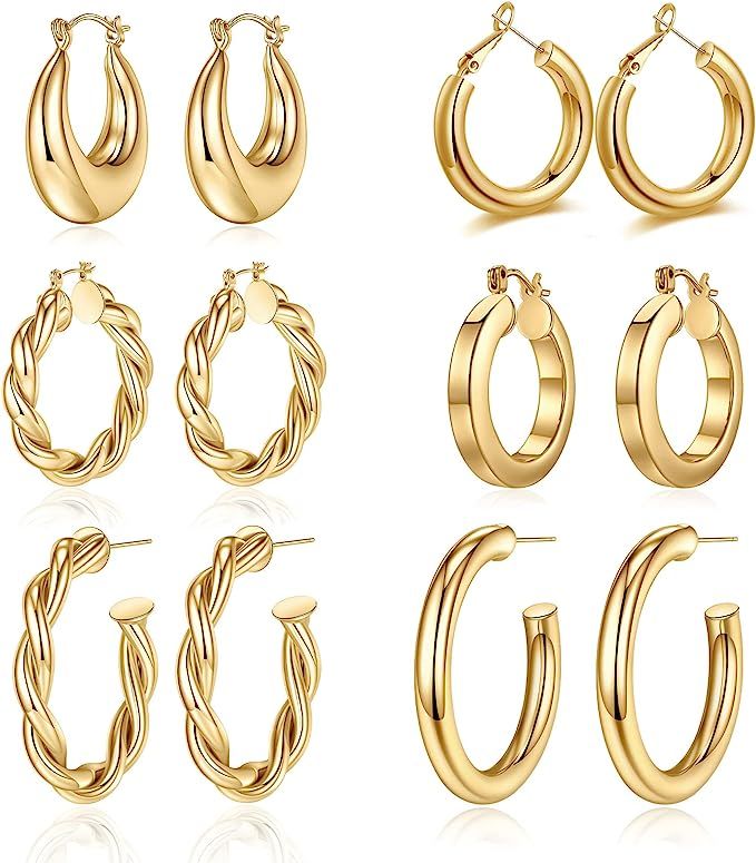 925 Sterling Silver Post 14K Real Gold Plated Chunky Hoop Earrings Set for Women, Hypoallergenic ... | Amazon (US)