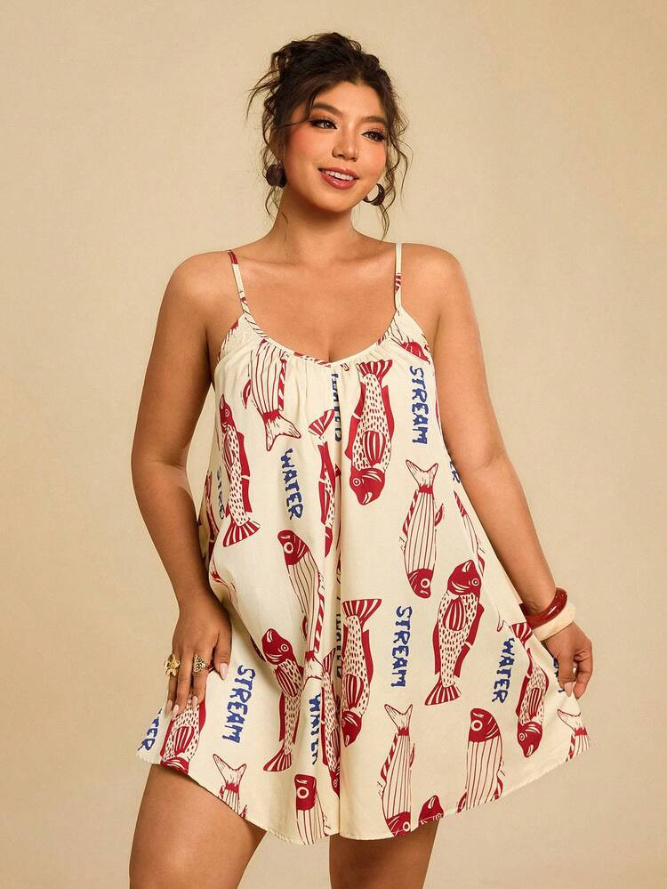 Travachic Plus Size Women's Casual & Holiday Fish Print Backless Tie Strap Jumpsuit,Summer,Summer Outfits For Women,Beachwear,Beach Outfits For Woman,Vacation Outfits Women,Comfy,Flowy,Jumpsuits For Woman | SHEIN
