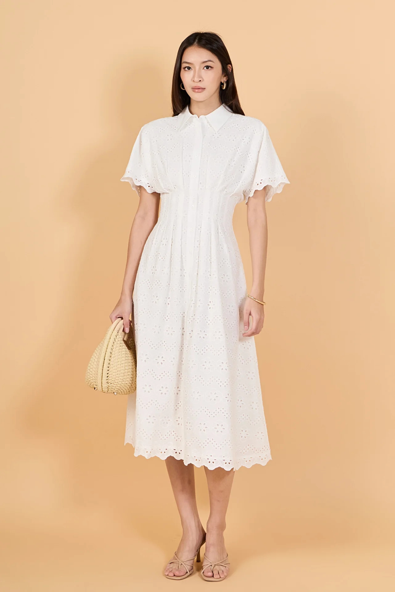 Eyelet Cinched Waist Midi Dress | English Factory
