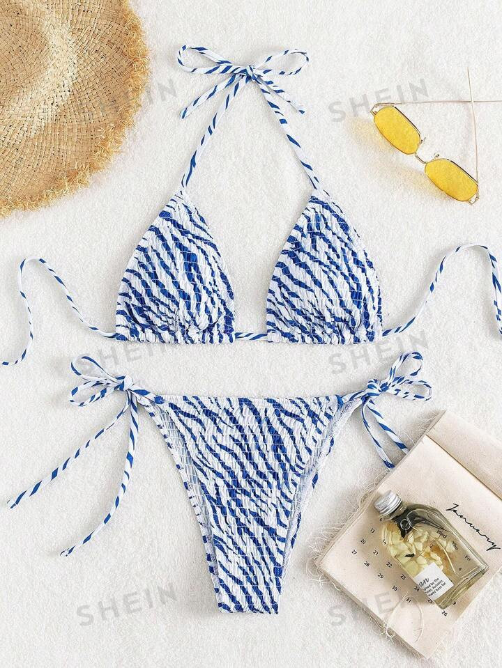 SHEIN Swim Summer Beach Zebra Stripe Smocked Bikini Set Halter Triangle Bra & Tie Side Bikini Bot... | SHEIN