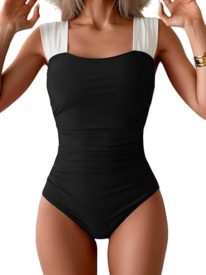 B2prity Womens One Piece Swimsuit Retro Square Neck Tummy Control Bathing Suits Ruched Modest Ful... | Amazon (US)