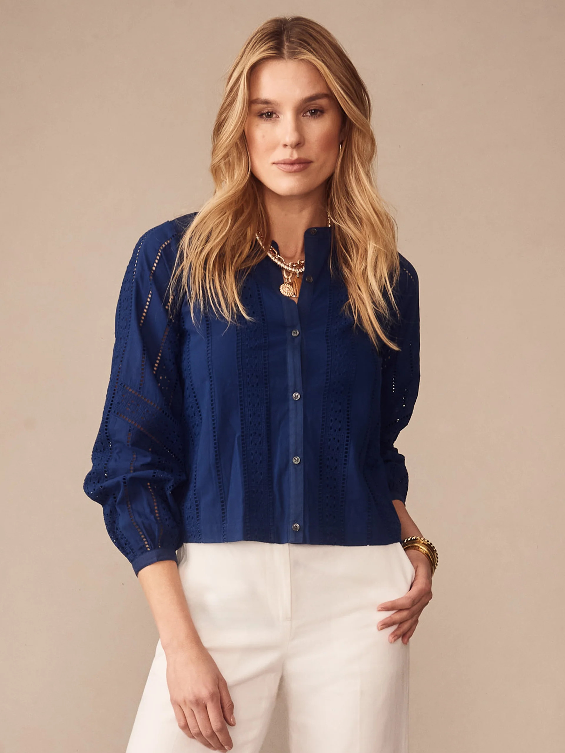 Nautical_Navy Eyelet Hazel Blouse | Women's Tops | J.McLaughlin | J.McLaughlin