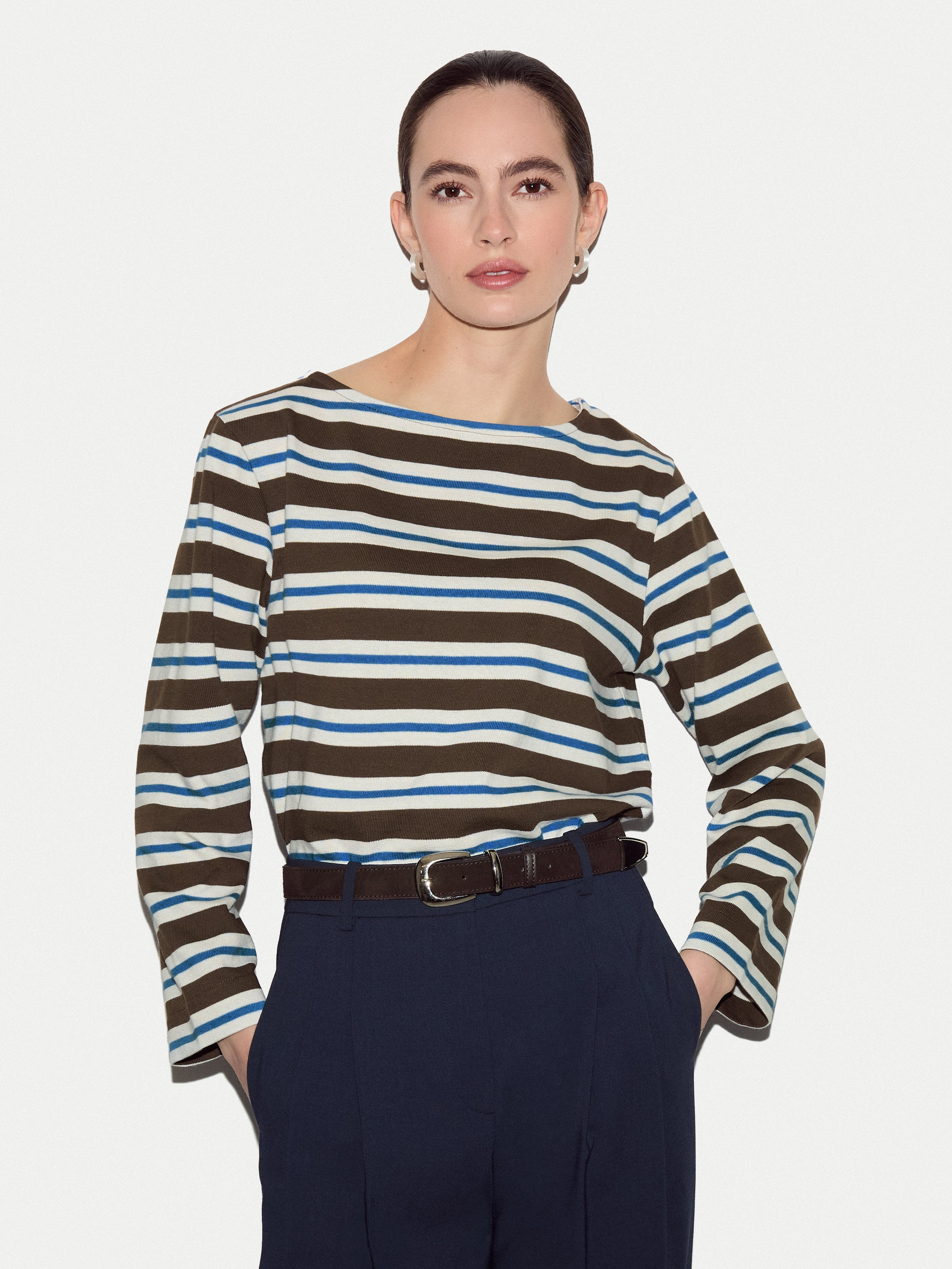 High Neck Stripe Long Sleeve Top | Brown | Jigsaw (UK)