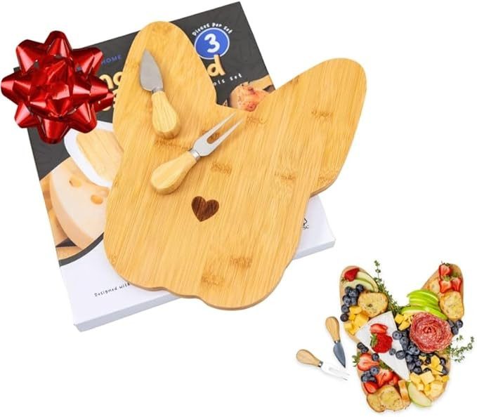 Monstera Home - Polished Bamboo Frenchie Cheese Board/Cutting Board Set w/ Matching Knife & Fork ... | Amazon (US)