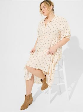 Maxi Washable Challis Hi-Low Tiered Shirtdress | Torrid (US & Canada)